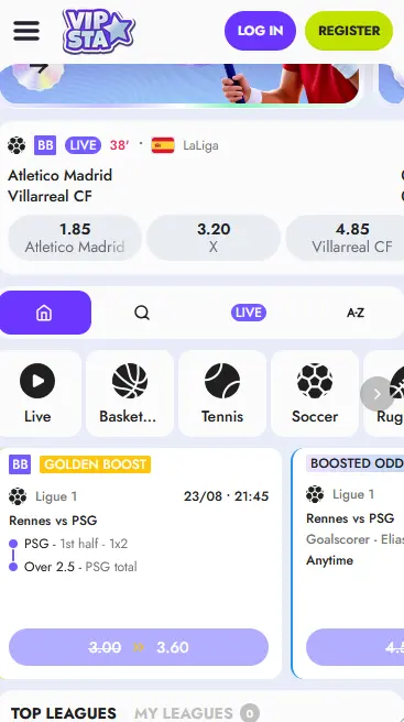 Vipsta mobile casino app interface on a smartphone browser