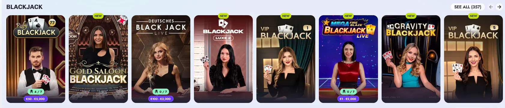 Vipsta live blackjack tables including Infinite Blackjack
