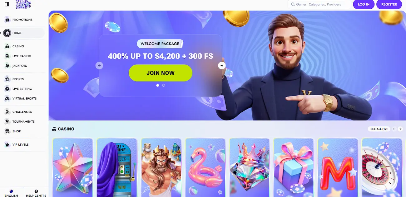Vipsta online casino homepage showing pokies and live tables for Australian players
