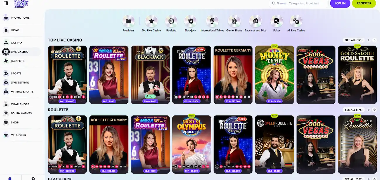 Vipsta live casino dealer tables streaming around the clock