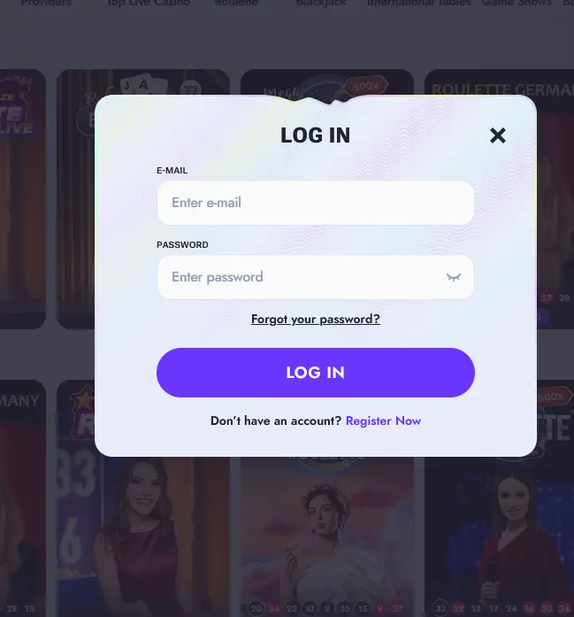 Vipsta login screen for signing in to your casino account