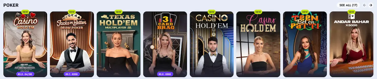 Vipsta live poker tables including Casino Hold'em and Ultimate Texas Hold'em