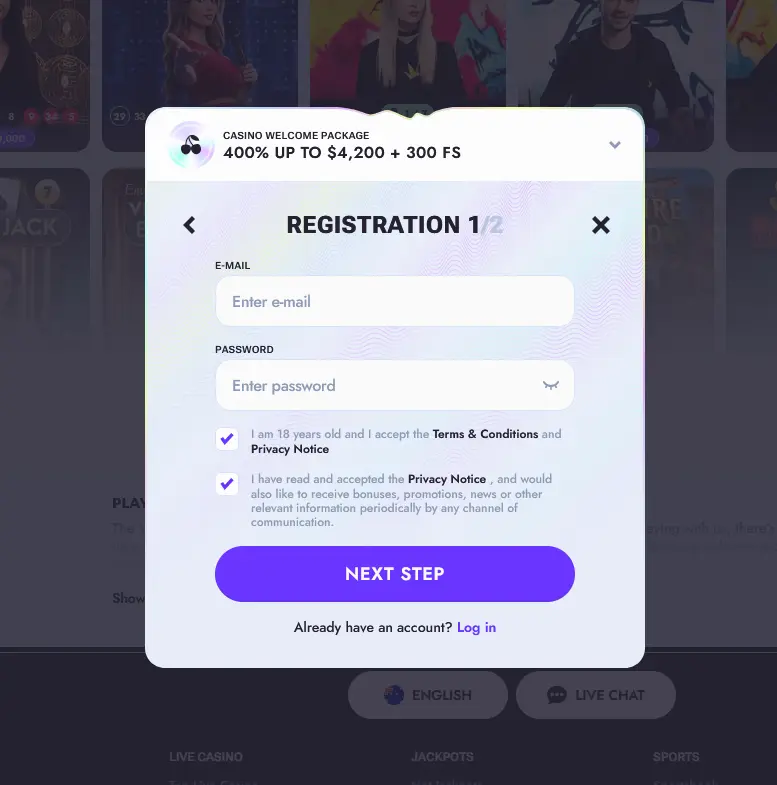 Vipsta registration form for creating a new Australian player account