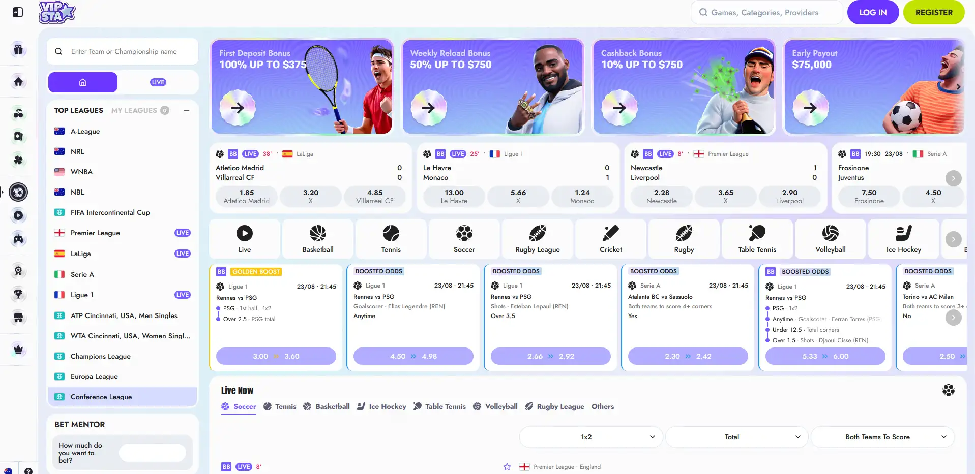 Vipsta sportsbook with pre-match and live in-play betting markets